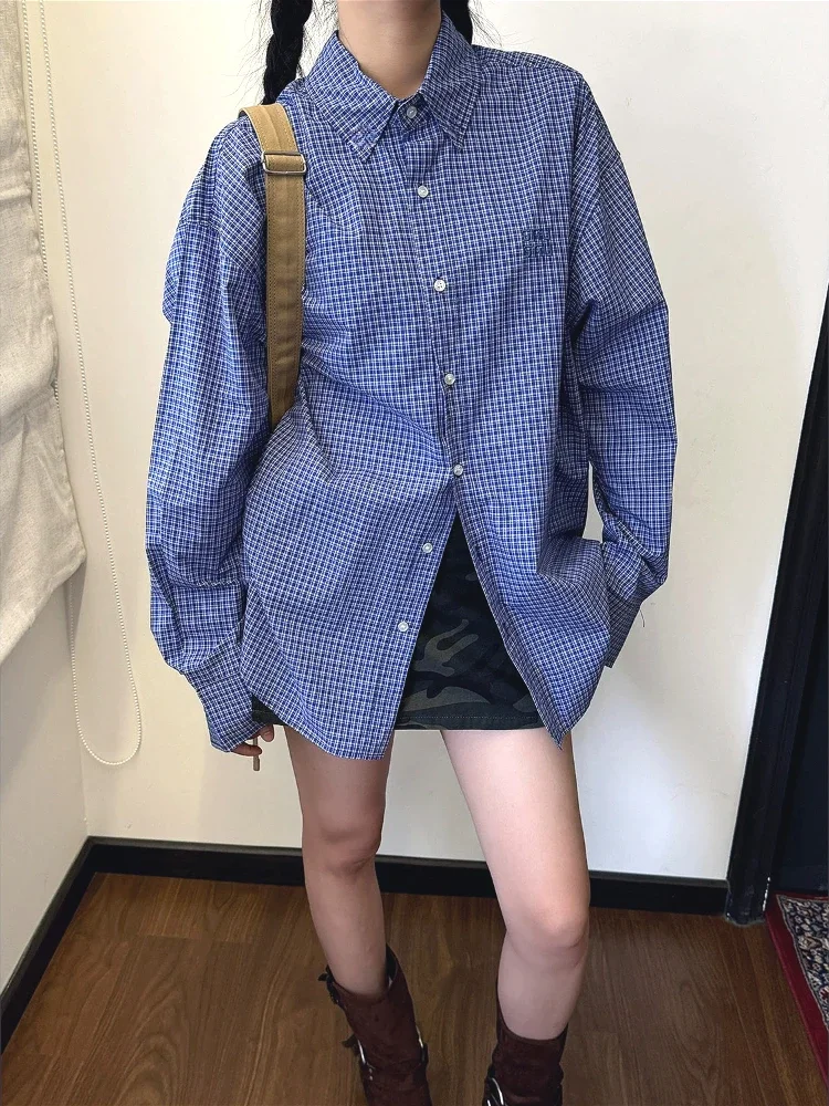 Shirt Camp Collar - Vintage niebieskie koszule w kratę dla